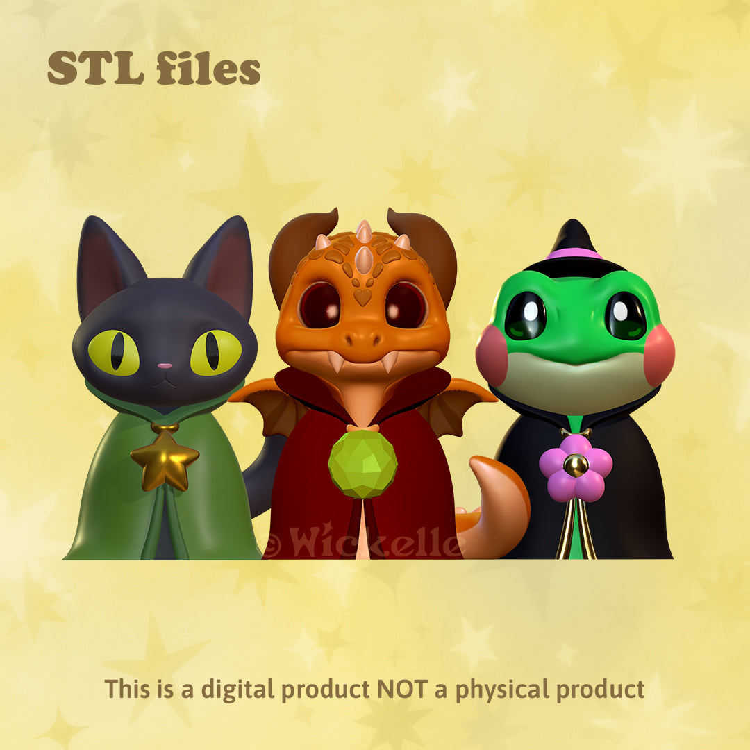Wizard Cat, Frog and Baby Dragon Bundle digital STL file for 3d printing