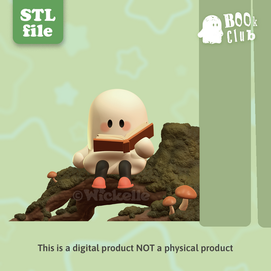 BOOk Club - Book Stopper - Cute Ghost reading on tree stump - digital STL file for 3d printing